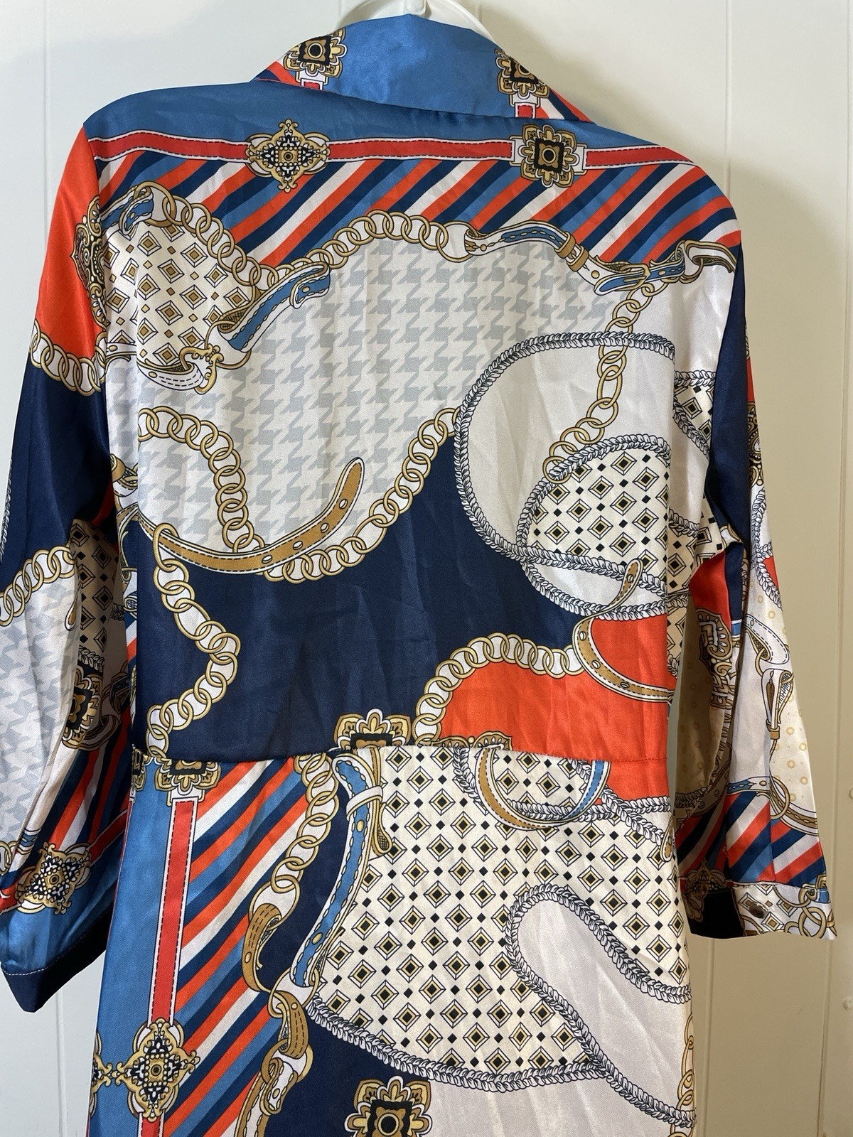 Sam Link 3/4 Sleeve Button Maxi Dress M satin gold chains pockets blue Summer