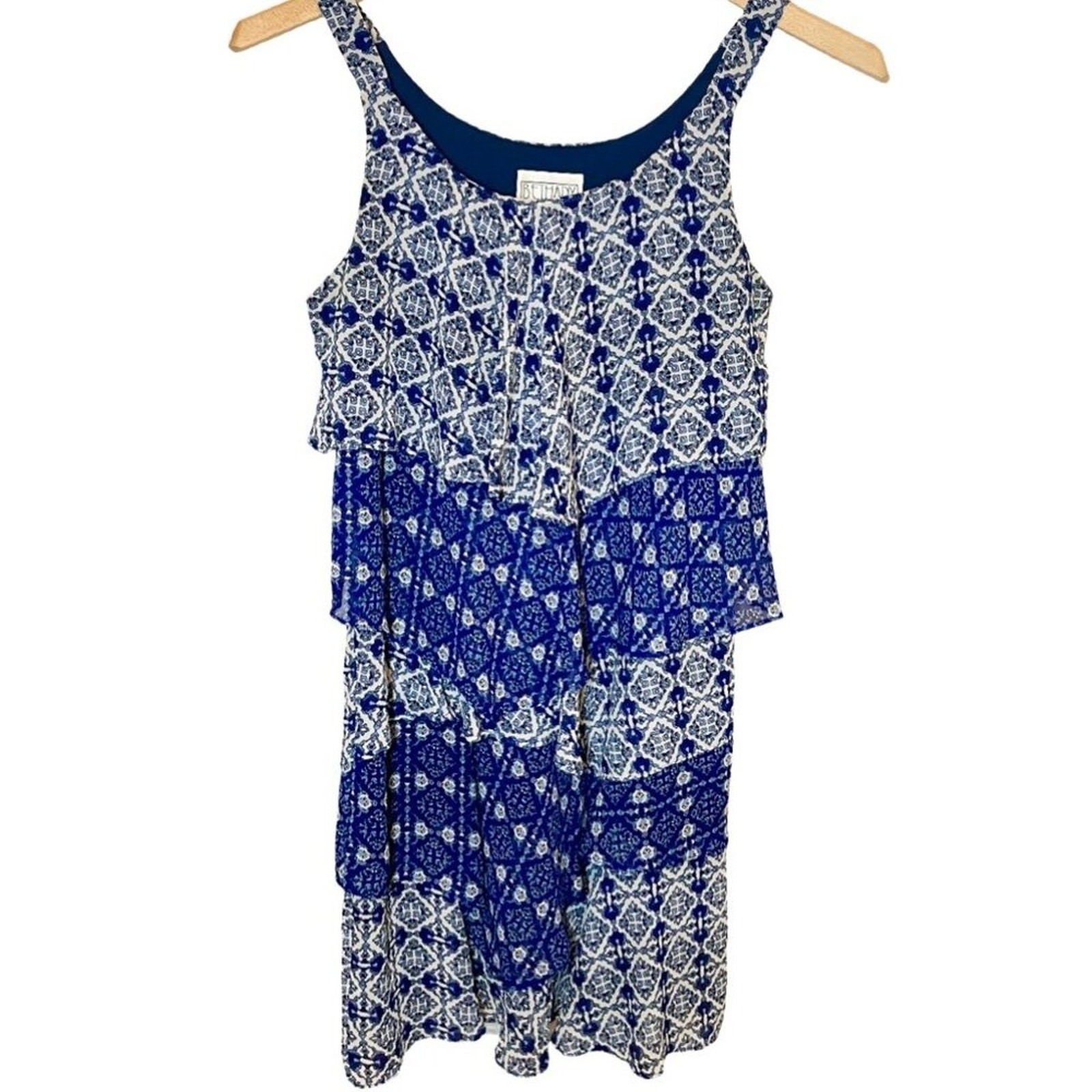 ‘Bethany’ Vintage 90s Ruffle Tiered Blue and White Print Slip On Dress Size 6P