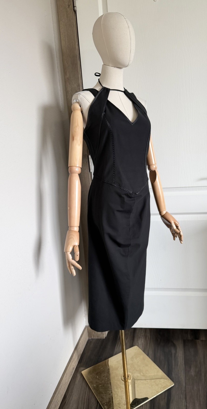 SPORTMAX Max Mara Sz US 12 Black Cotton Silk Trim Halter Pencil Midi Dress