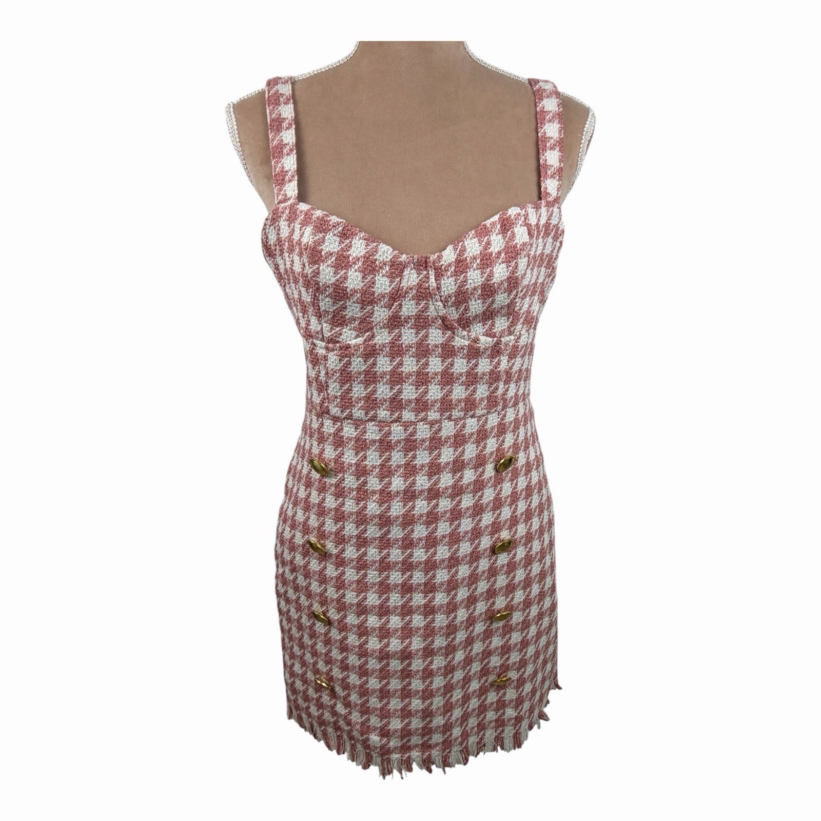 Forever 21 Pink White Tweed Houndstooth Mini Dress Gold Buttons Medium NWT