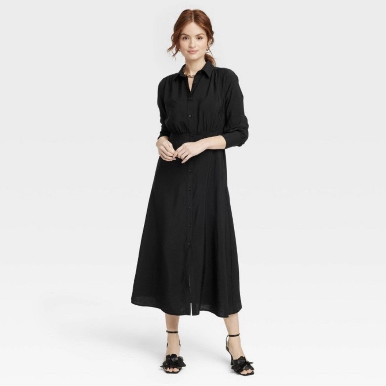Women’s Black Collared Button-Front Long Sleeve Midi Shirt Dress Pockets M
