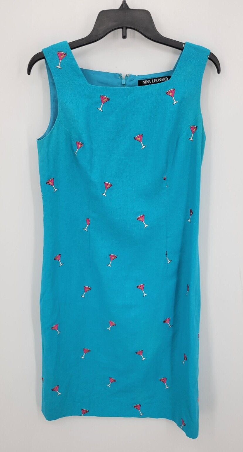 Nina Leonard Dress Womens 6 Blue Embroidered Martini Sleeveless Boat Neck Sheath