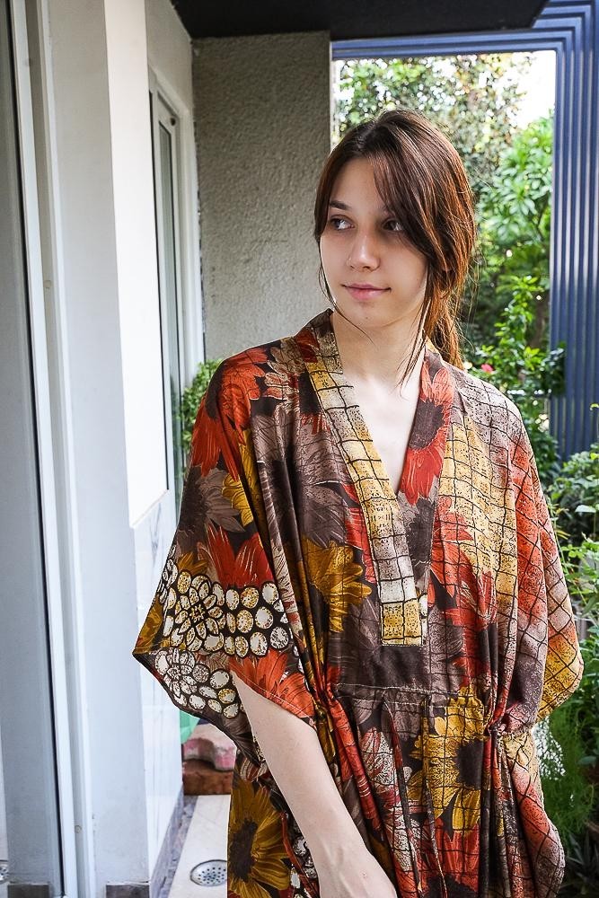 Silk Brown Kaftan / Handmade Flowy Maxi Dress / Resort Wear Outfit PS MFN1054