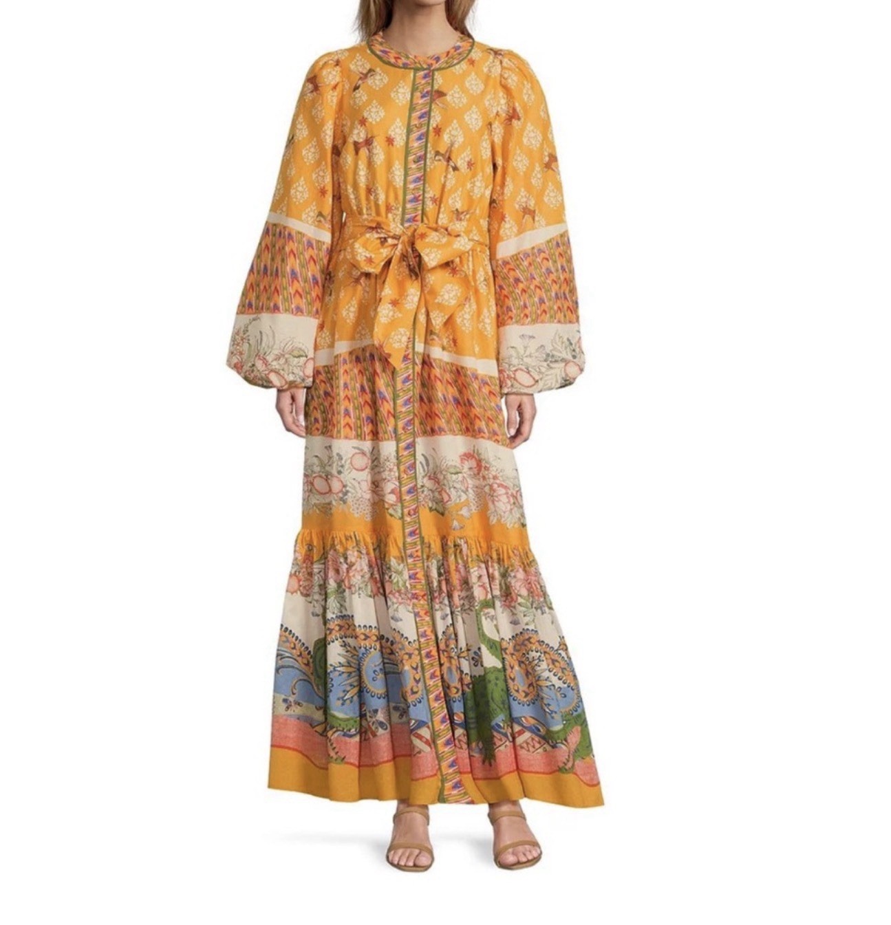 A Loves A Small Border Print Mandarin Collar Long Sleeve Button Down Maxi Dress