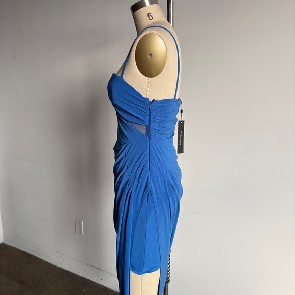 $398 NWT BCBGMaxAzria Asymmetrical Side Drape Dress in Larkspur Blue Sz 4