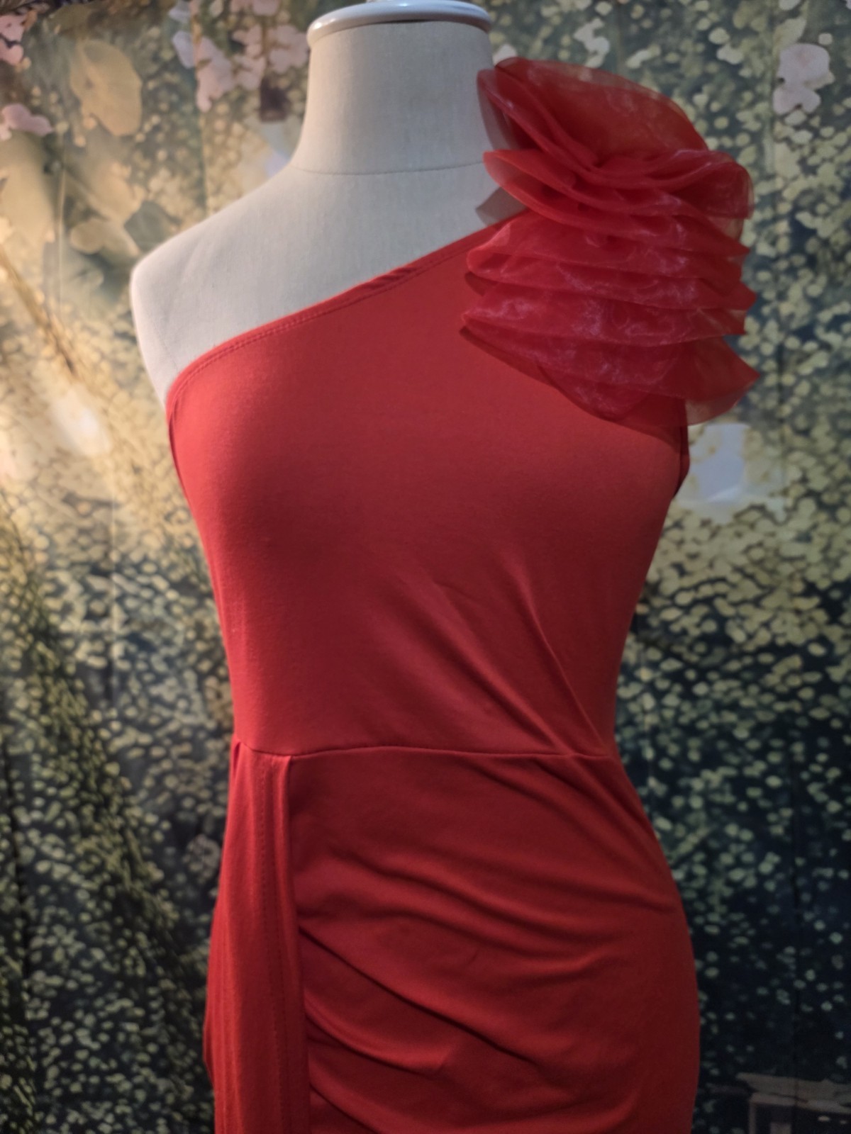 SHEIN Red One Shoulder Ruffle Ruched Chiffon Maxi Dress Women’s Size 4