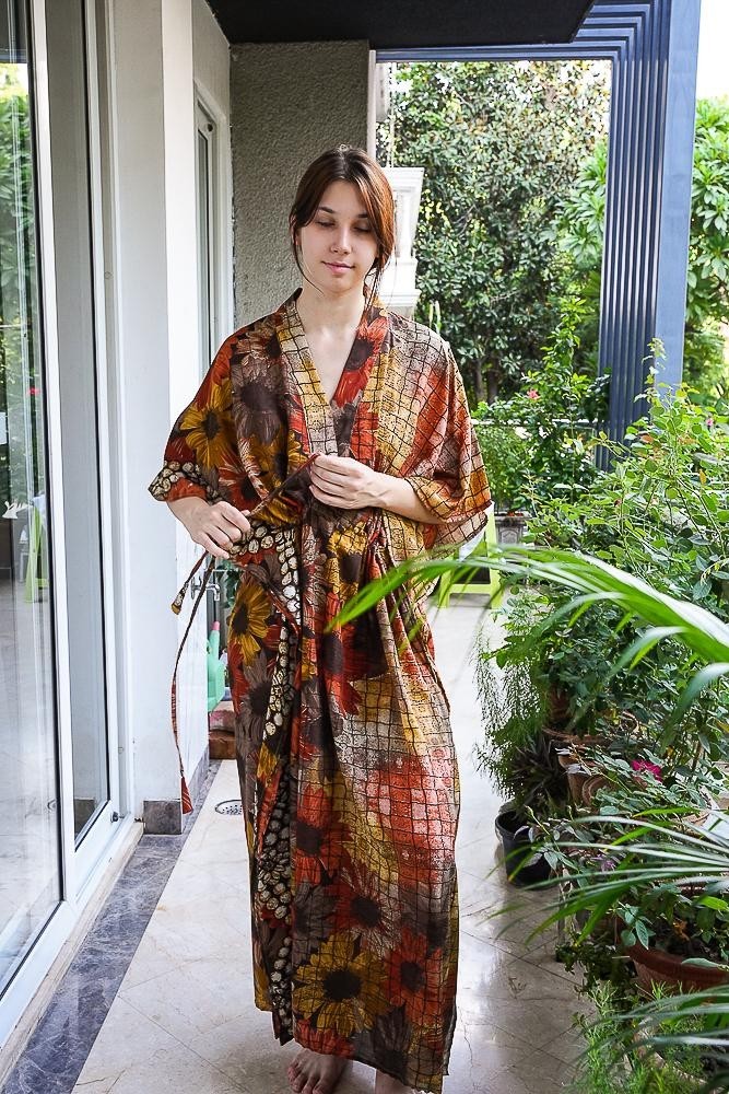 Silk Brown Kaftan / Handmade Flowy Maxi Dress / Resort Wear Outfit PS MFN1054