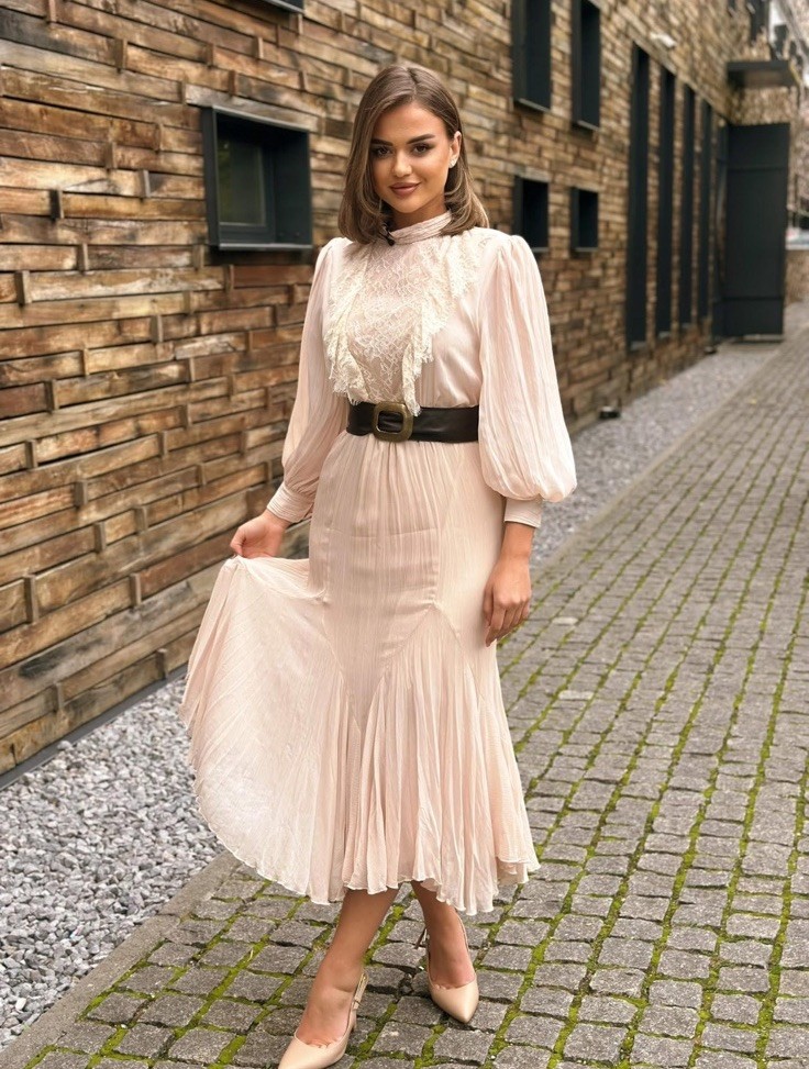 ZARA NWT WOMAN SS25 $99 BELTED LACE MIDI DRESS MID-ECRU | 5029/198