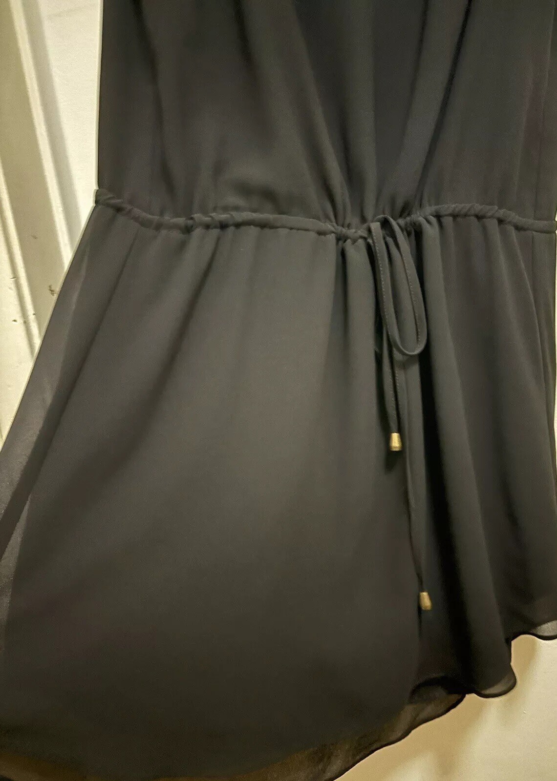 Naked Zebra Black Sleeveless V Neck Drawstring Waist Lined Sheer Dress Sz M