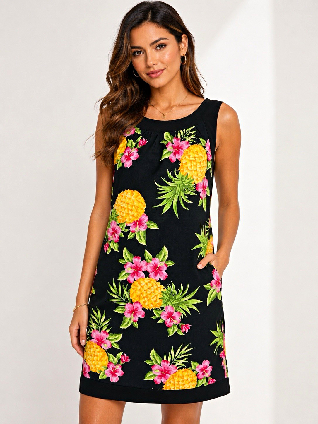 I.N. Studio Black Tropical Floral Shift Dress Scoop Neck Sleeveless Zip 6