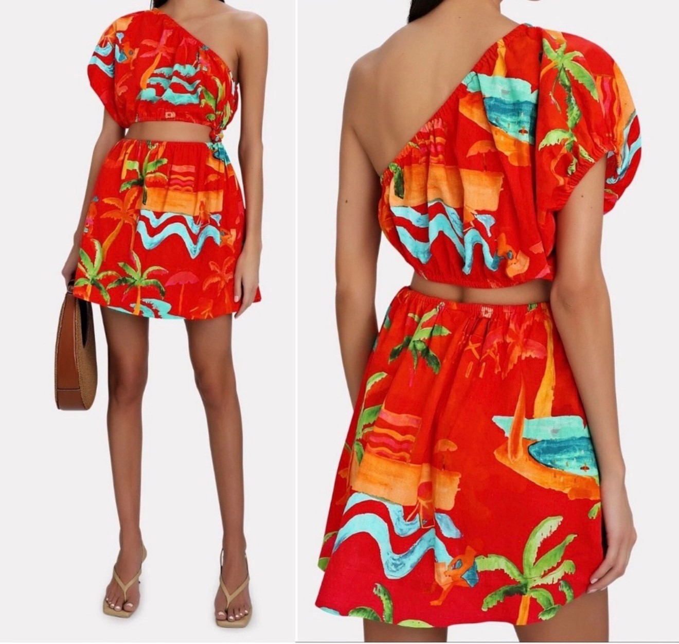 Farm Rio Ipanema Summer One Shoulder Red Floral Tropical Print Mini Dress Small