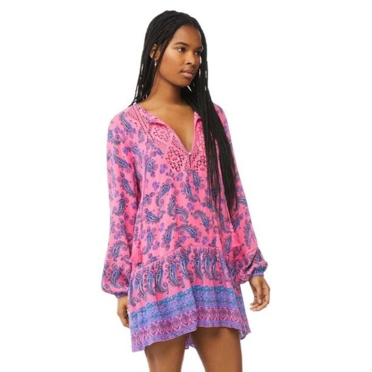 SCOOP Pink Paisley Crochet V Neck Tunic Dress Coverup Womens S Boho