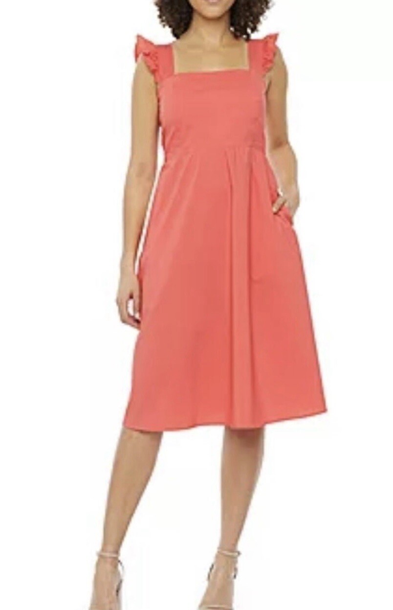NWT 52Seven Women’s Ruffle Strap Midi Dress Coral Pink 14 Square Neck Pockets