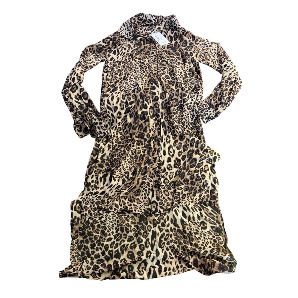 Ombra USA Leopard Print Maxi Dress Long Sleeve Collared Button Down Women’s
