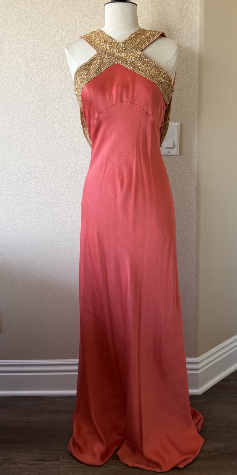 Art Deco Style Coral Silk Gown Gold Beaded Halter Old Hollywood Great Gatsby