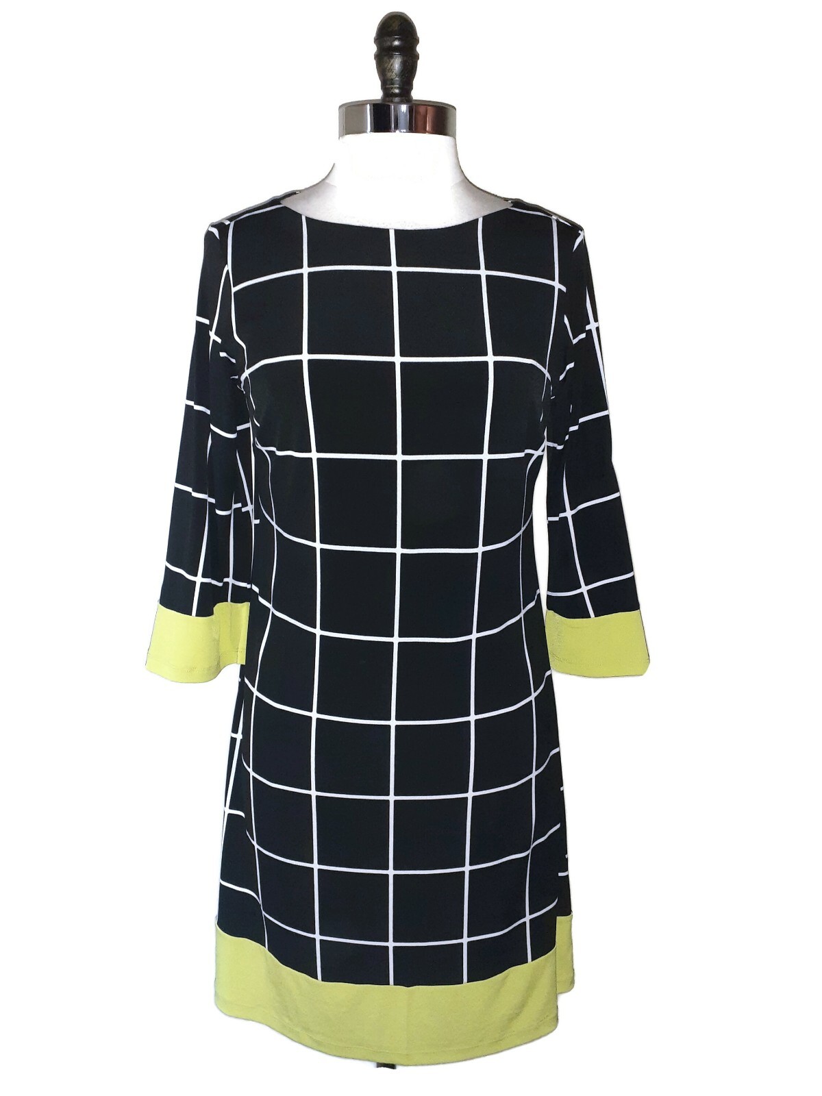 NEW EN FOCUS STUDIO Size 14 Shift Dress Black White Green 3/4 Sleeve Stretch