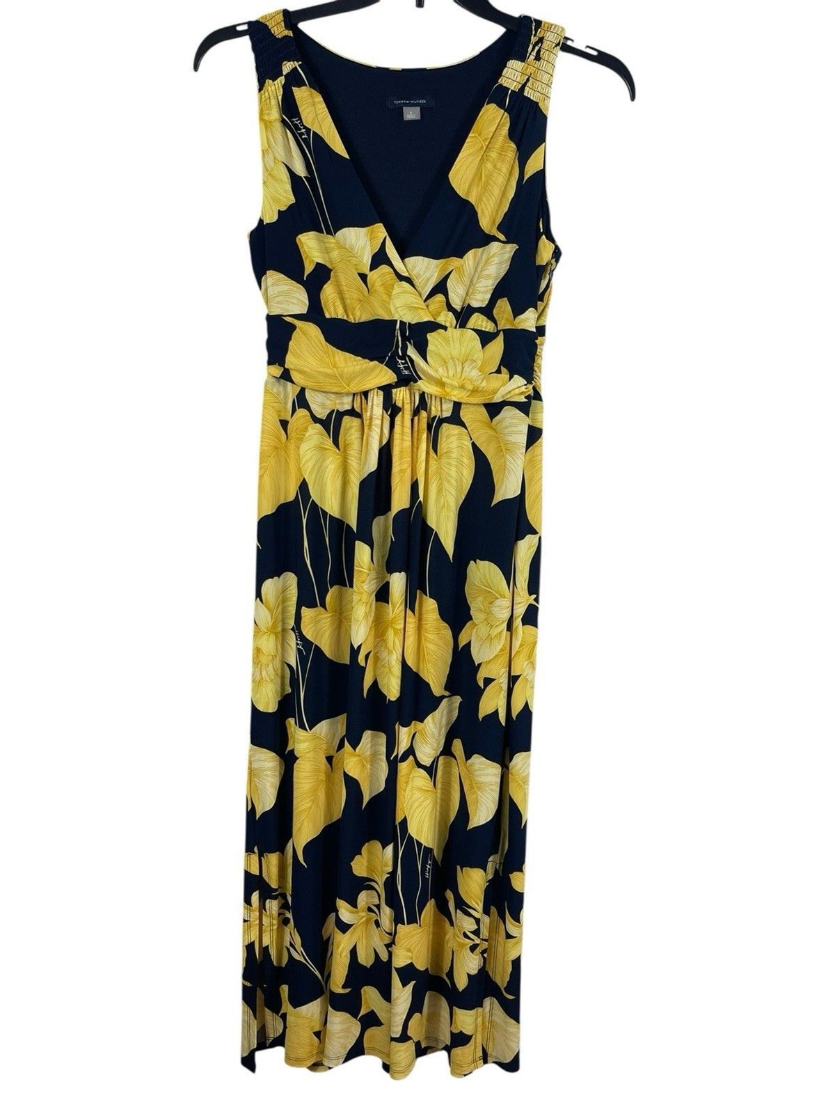 Tommy Hilfiger Island Orchard Snap Dragon Floral Navy Yellow Midi Dress 6 Empire