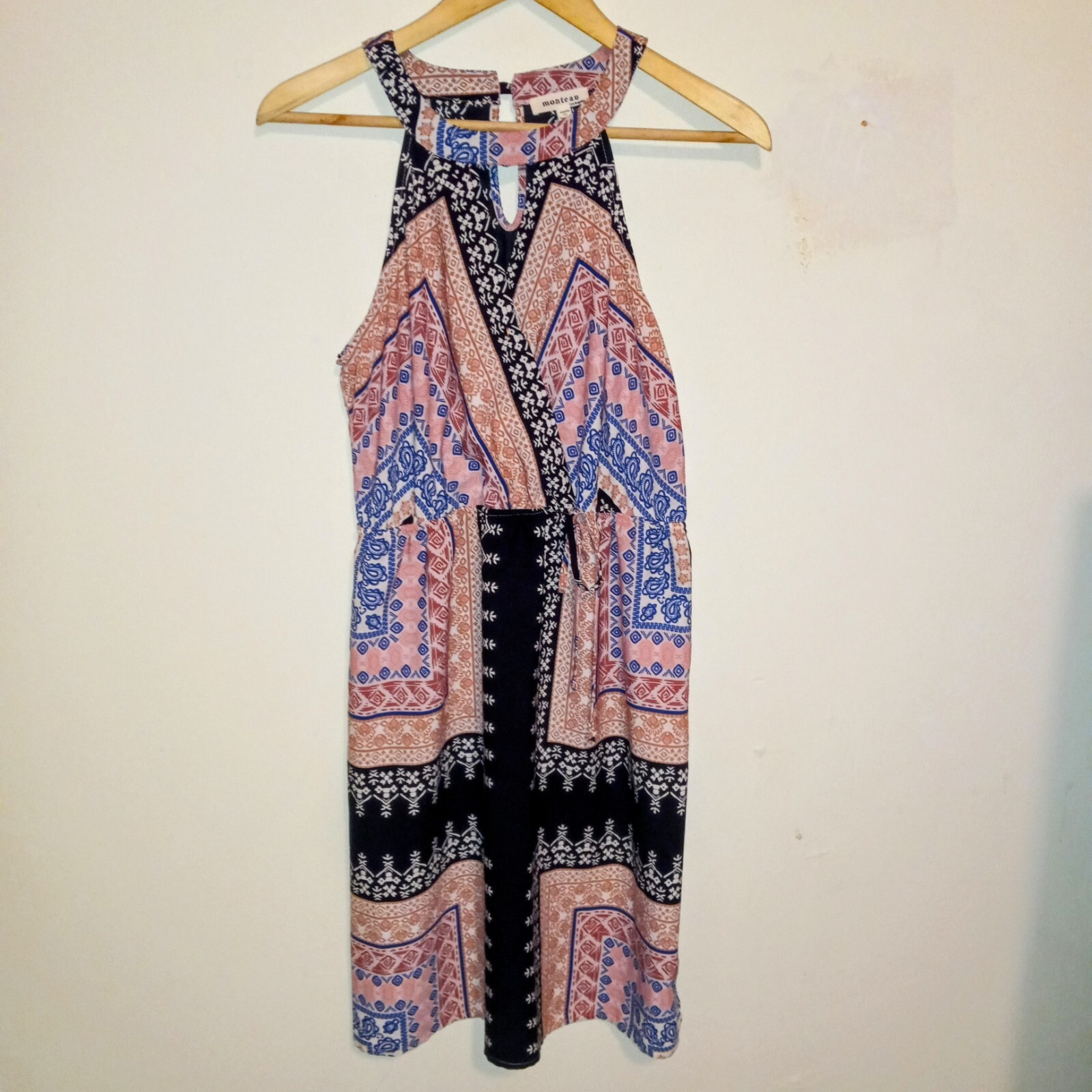 Monteau High Neck Faux Wrap Dress-Large-Bandana Print-Elastic Waist-Keyhole Back