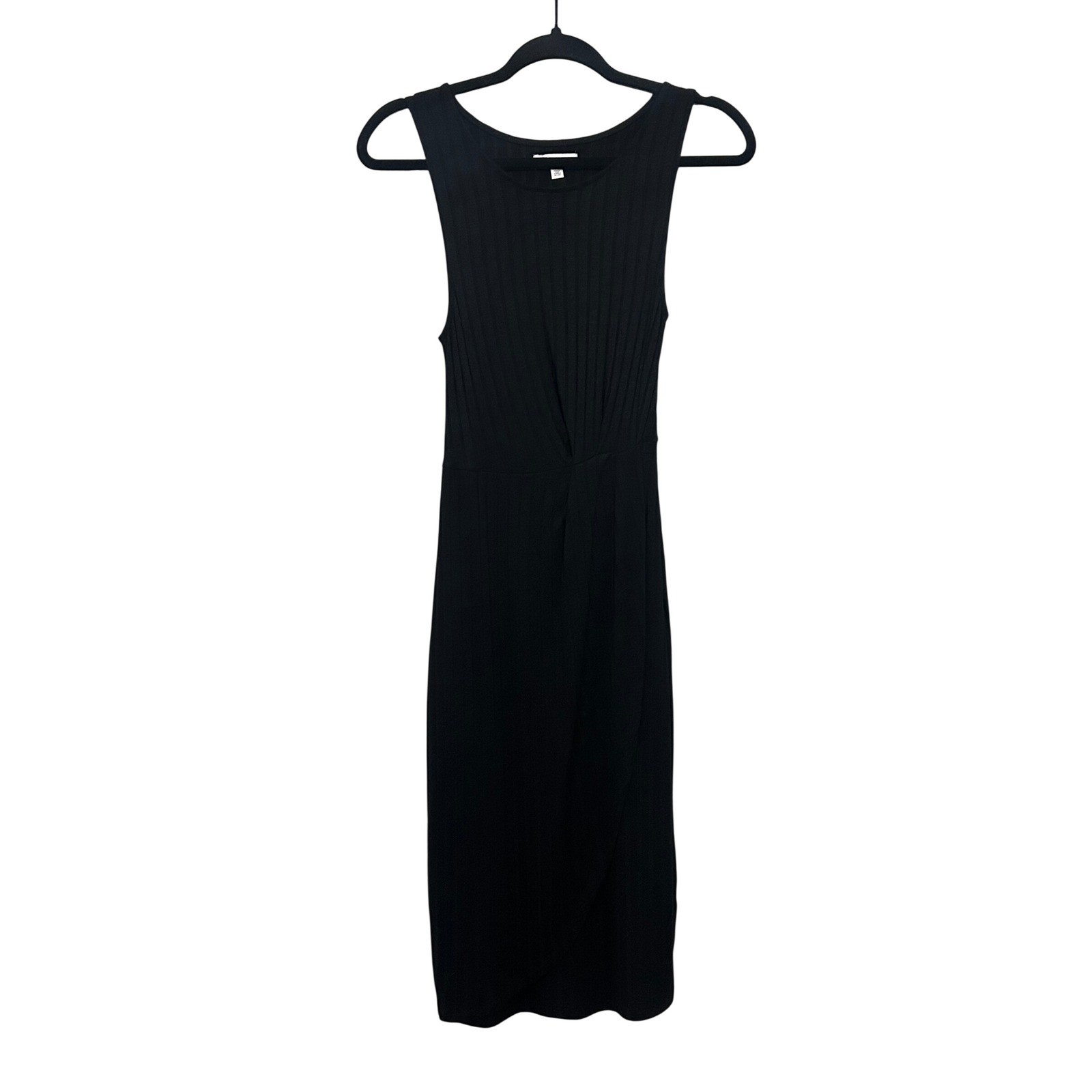 Black Ribbed Twist-Front Midi Dress Womens XS Sleeveless