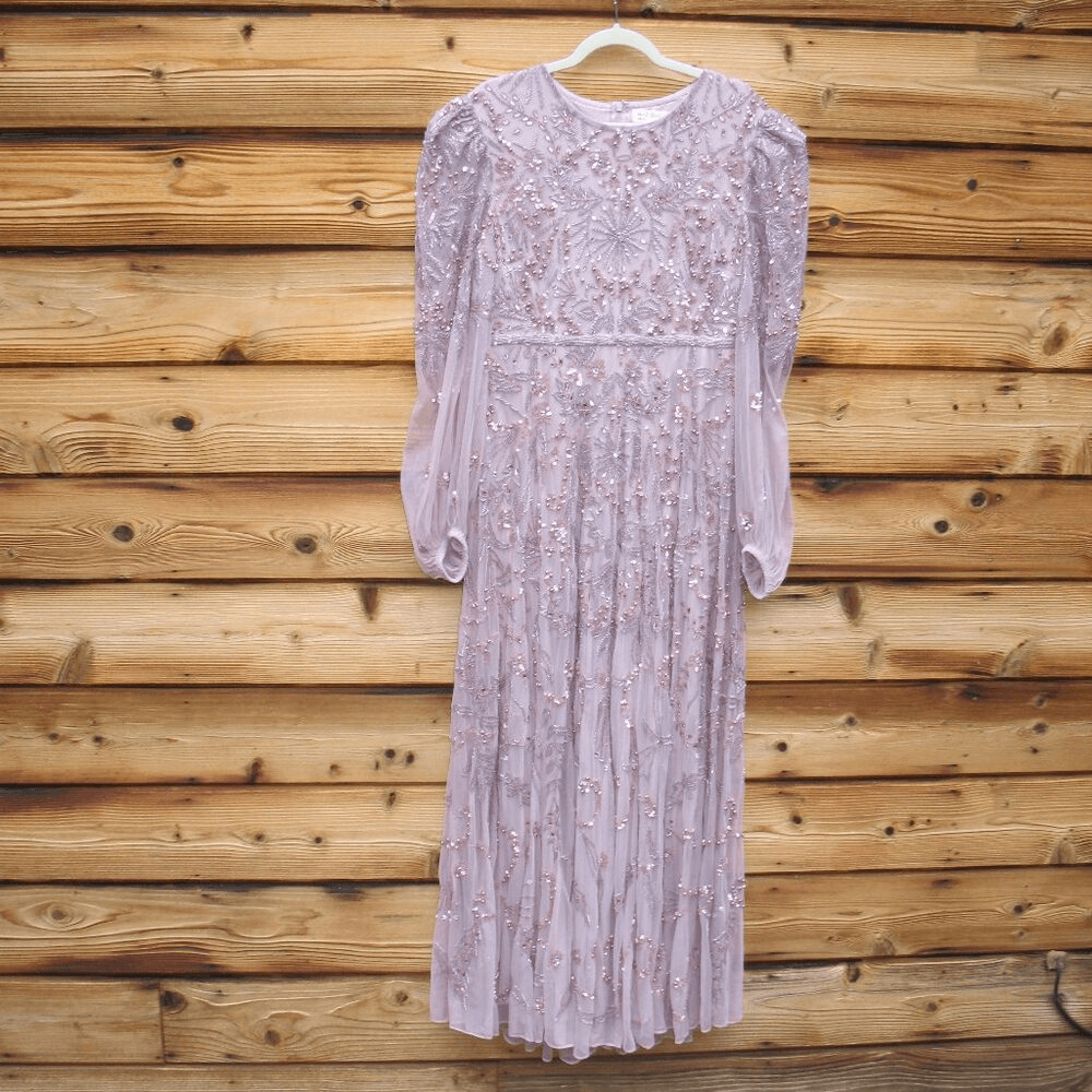 MAC DUGGAL 93930 Purple Puff Sleeve Embellished A Line Gown Dress Size 14