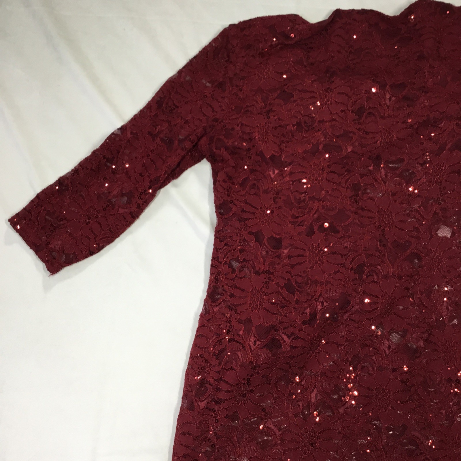 Precis Red Lace Floral Sequin Sleeve Knee Dress UK 14
