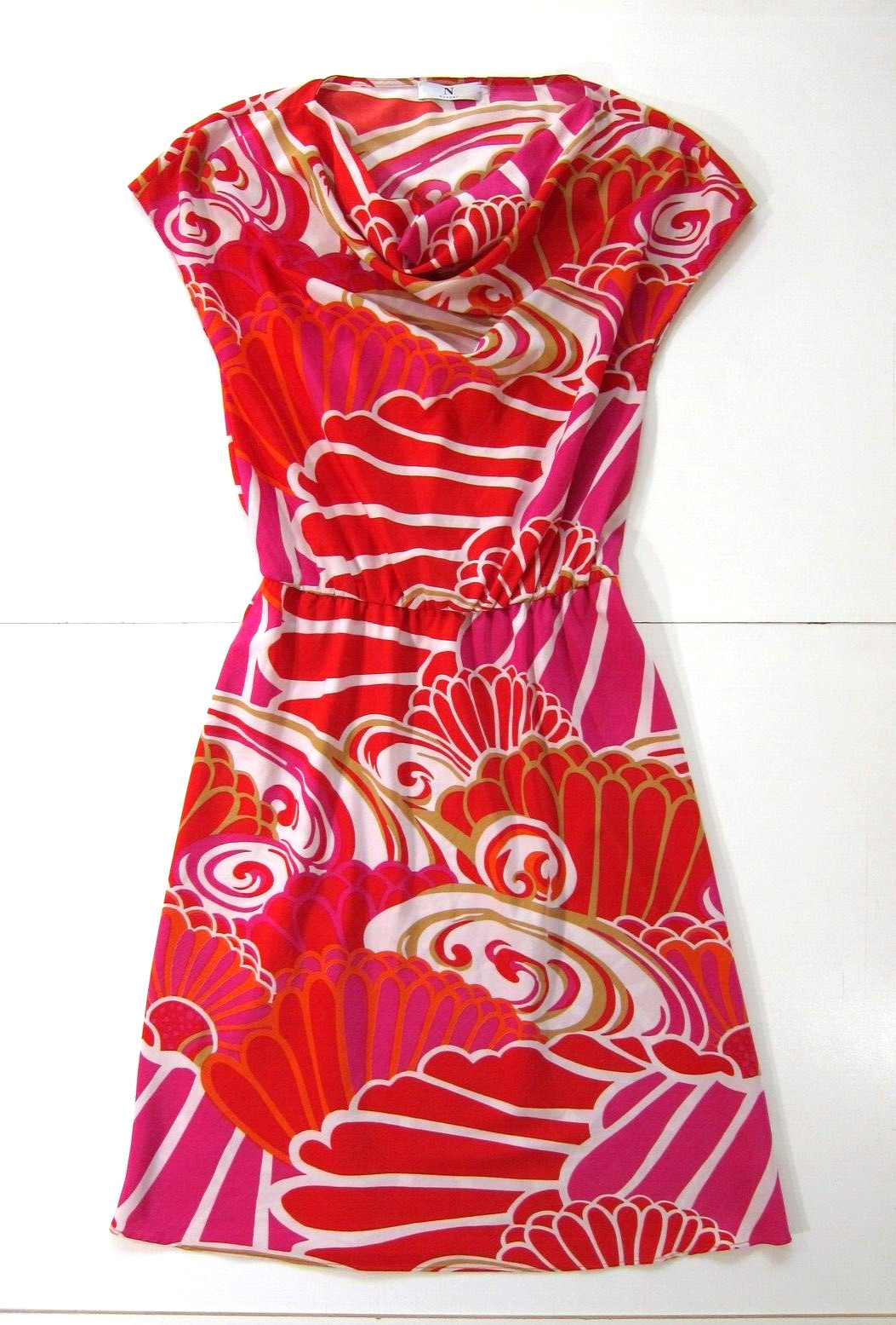 Natori Pink Orange White Geometric Cap Sleeve Tent A-Line Sheath Tunic Dress S