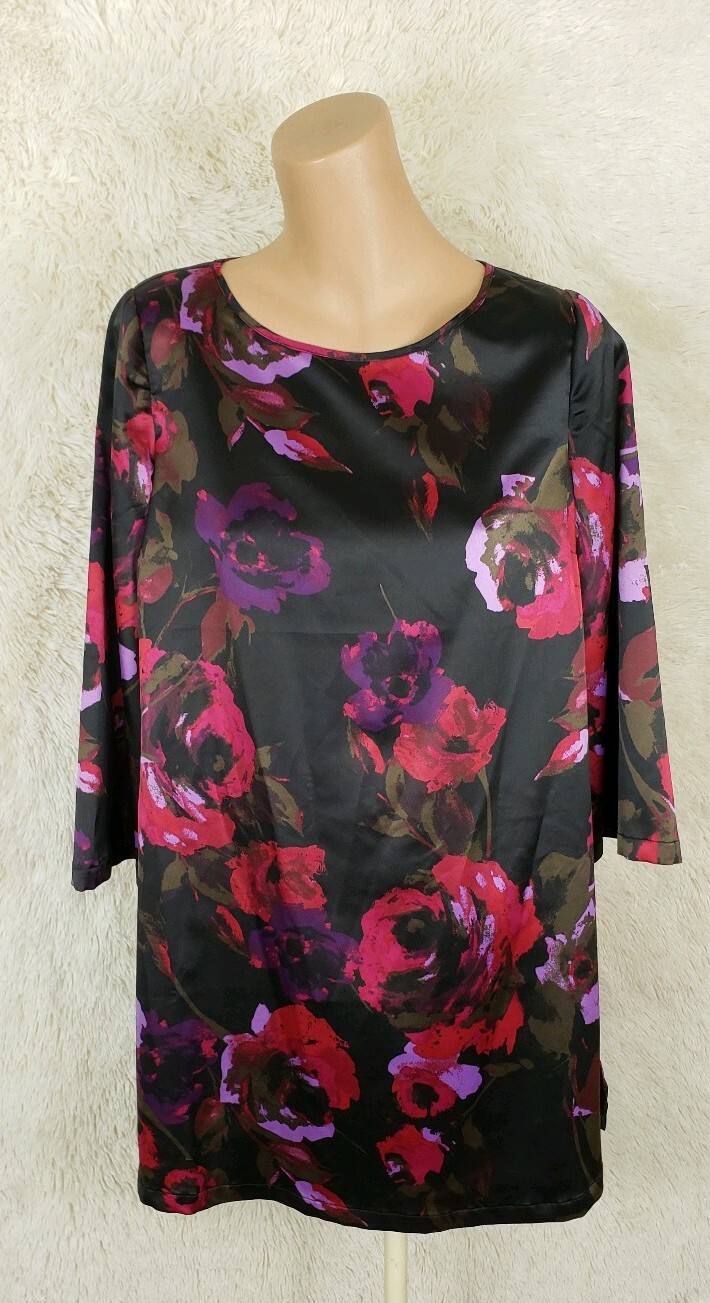 Dennis By Dennis Basso Womens Size XS Silky Dress Black Pink Floral 3/4 Sleeve T