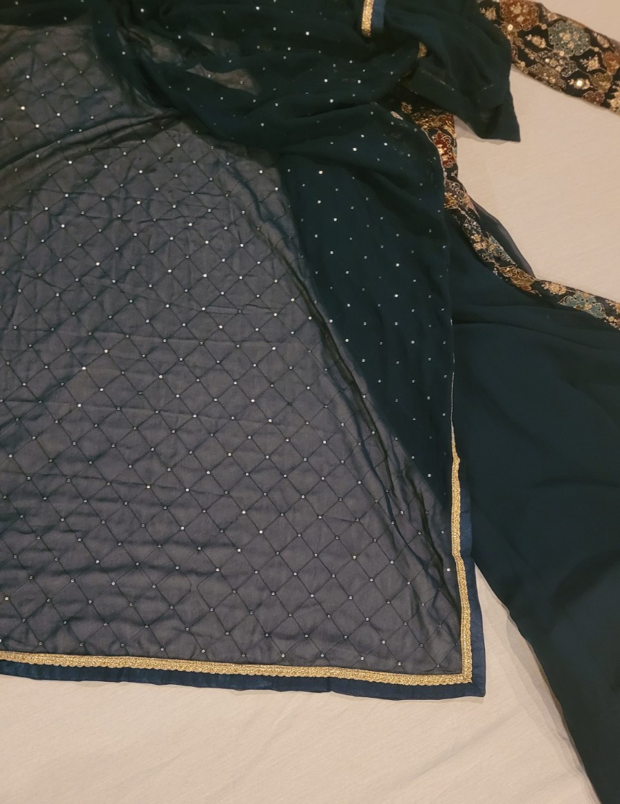 Embroidered Georgette Gown in Dark Teal Green Made in India perfect for weddings