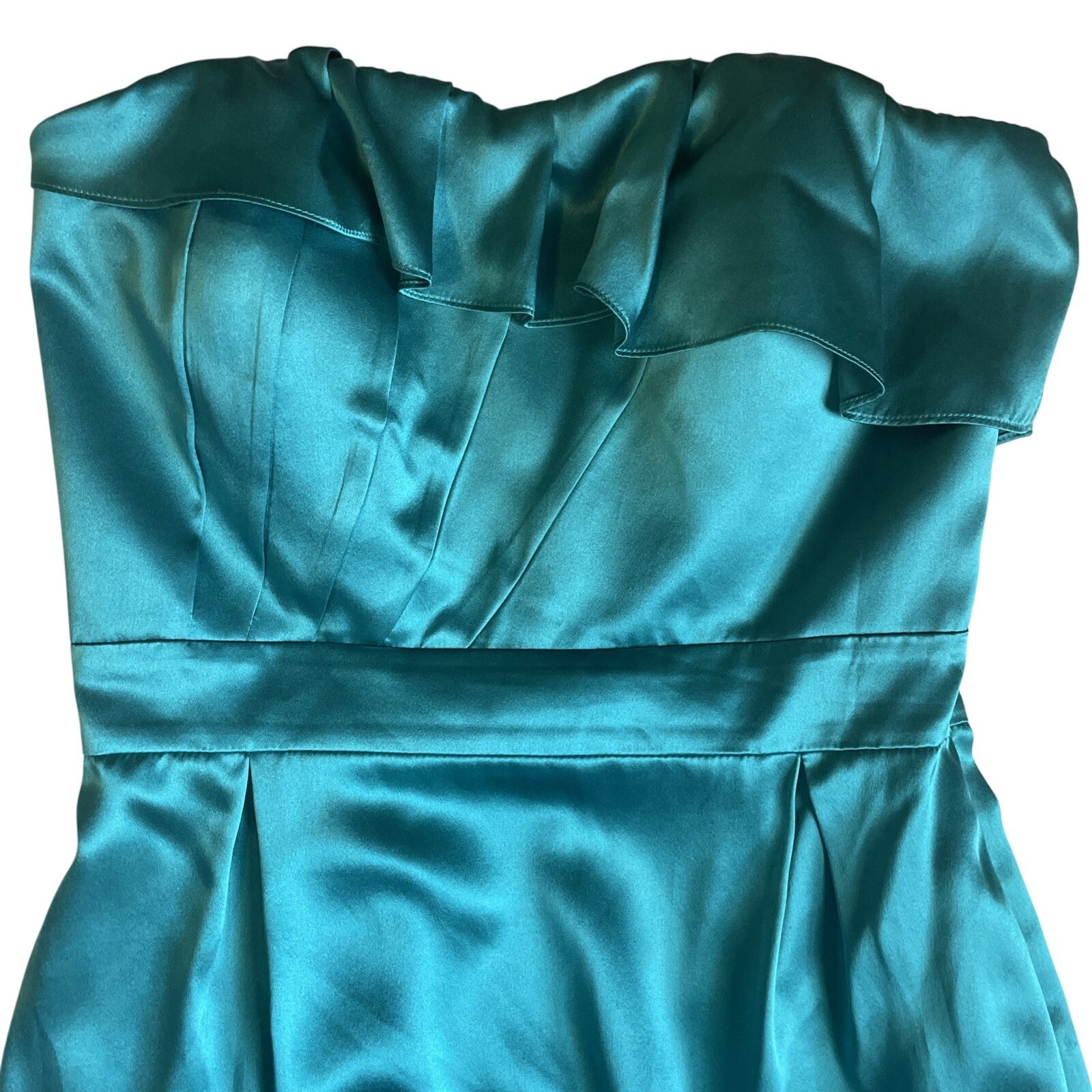 100% Silk Women Sz 2 Teal Strapless Mini Ruffle Neckline Dress 🩵 Party Cocktail