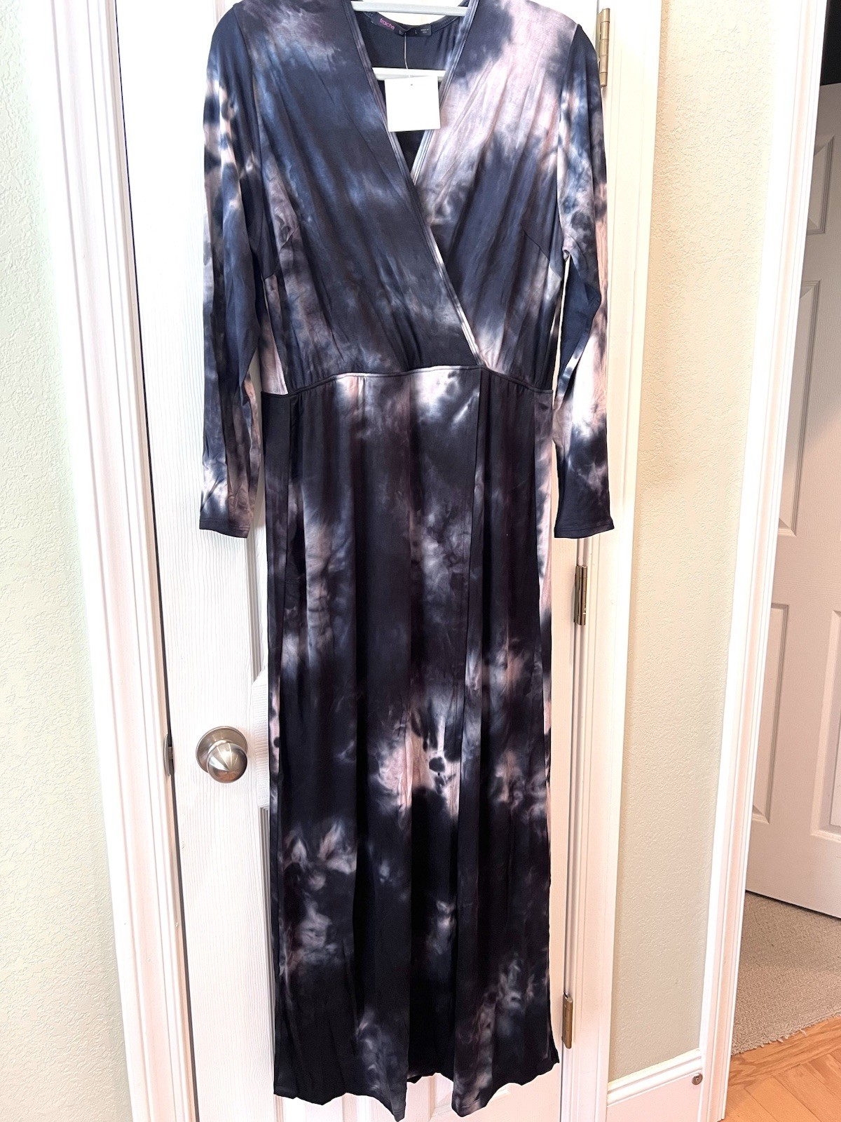 fraiche by J Women’s L Black/Gray Tie Dye V-Neck Long Sleeve Wide-Leg Jumpsuit