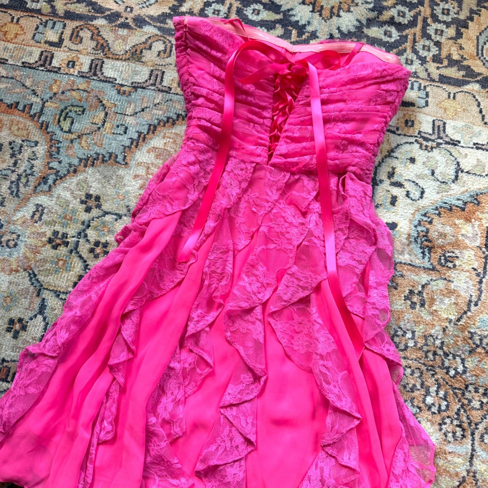 Hailey Logan Adrianna Papell Hot Pink Lace Corset Dress Ruched Ruffle Mini XS