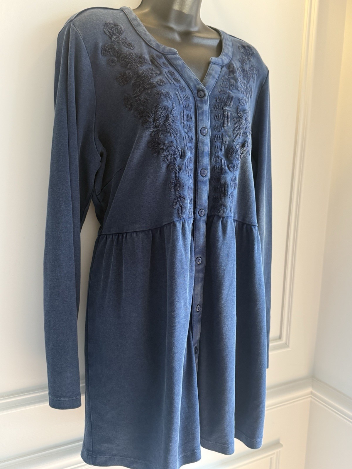Joe Browns Blue Embroidered Button Front Jersey Dress Boho UK 16 Long Sleeve