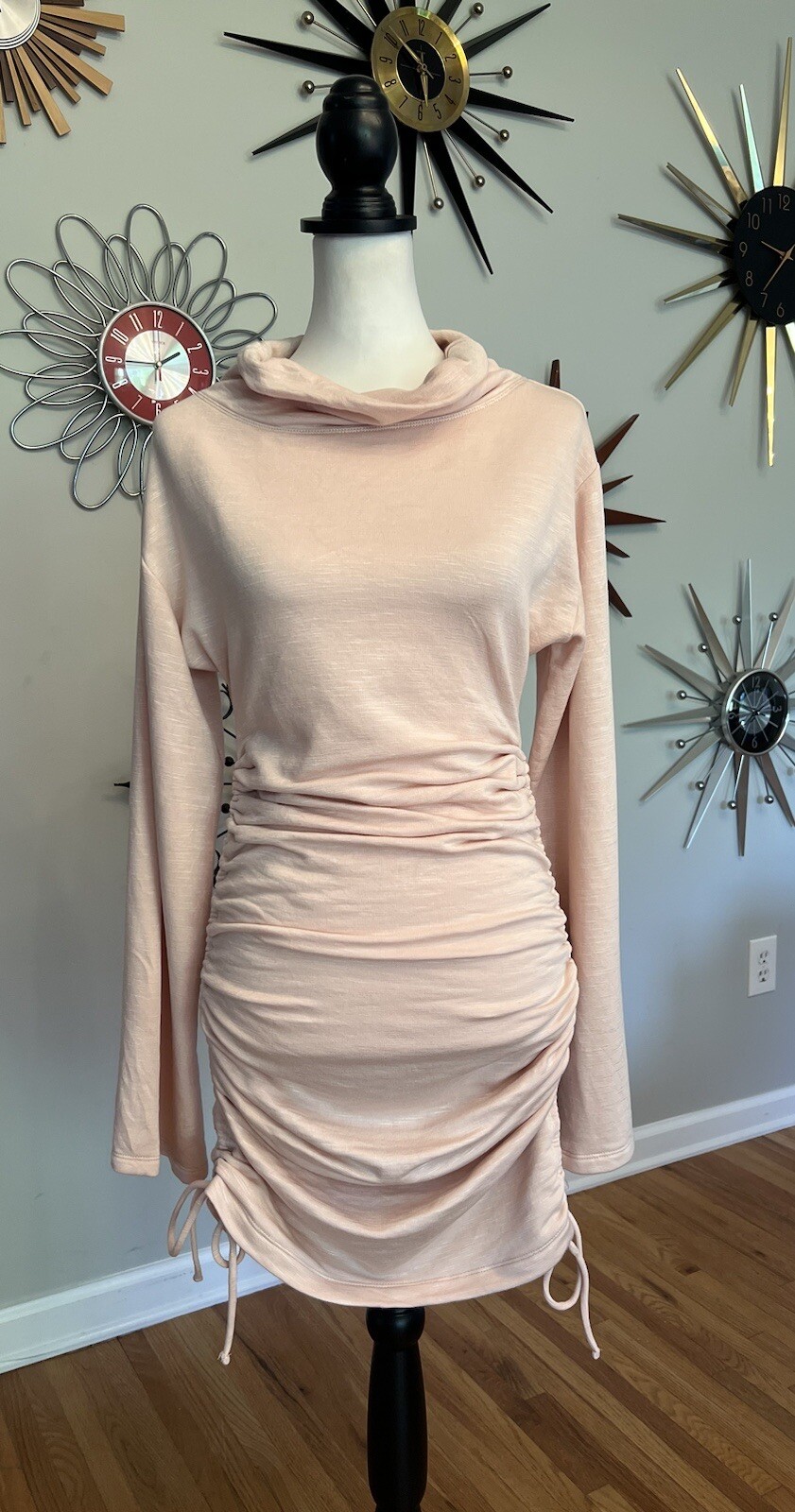 Daily Practice SM Pink Cowl Neck Dress Soft Fleece Gathered Sides Bell Sleeves