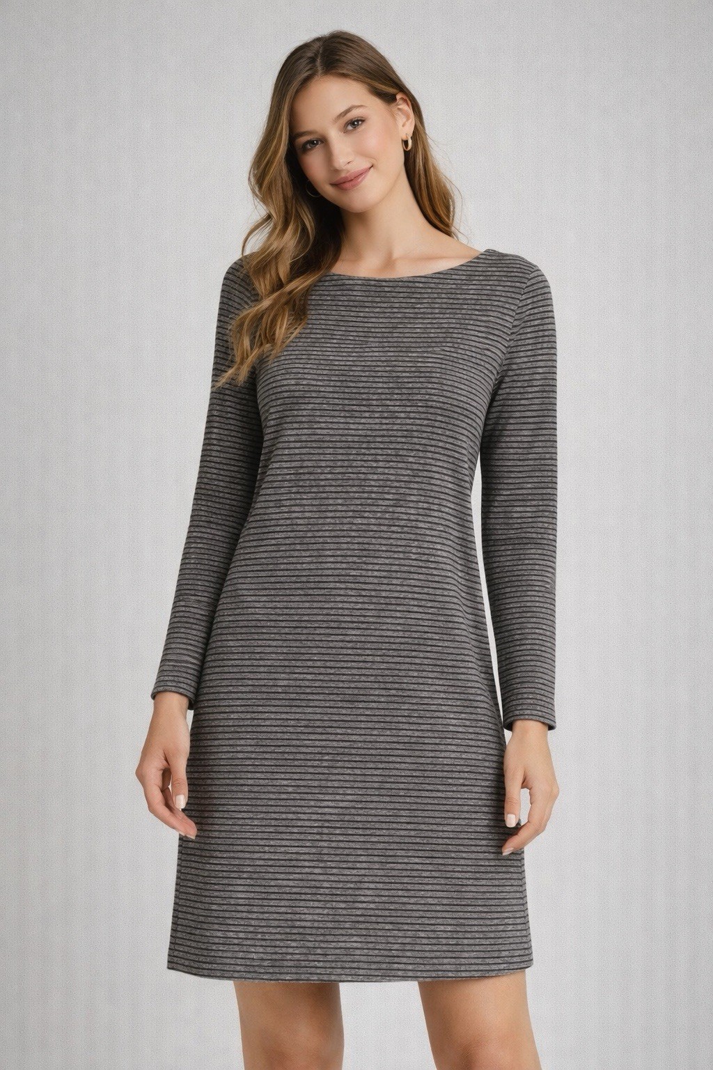 Duluth Trading Dress Small Long Sleeve Knit Pockets Stripes Stretch Black Gray S