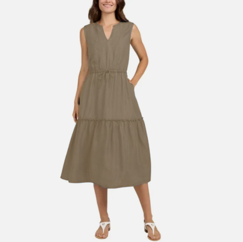 NWT Lands’ End Women’s Small Rayon Midi Dress Tiered Elastic Waist Tan V-Neck
