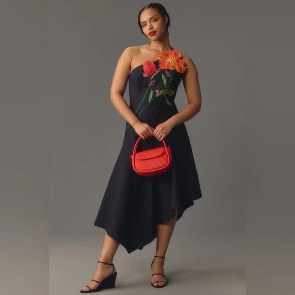 Yukiko Noritake x Anthropologie Asymmetrical Floral Appliqué Midi Dress Women 10