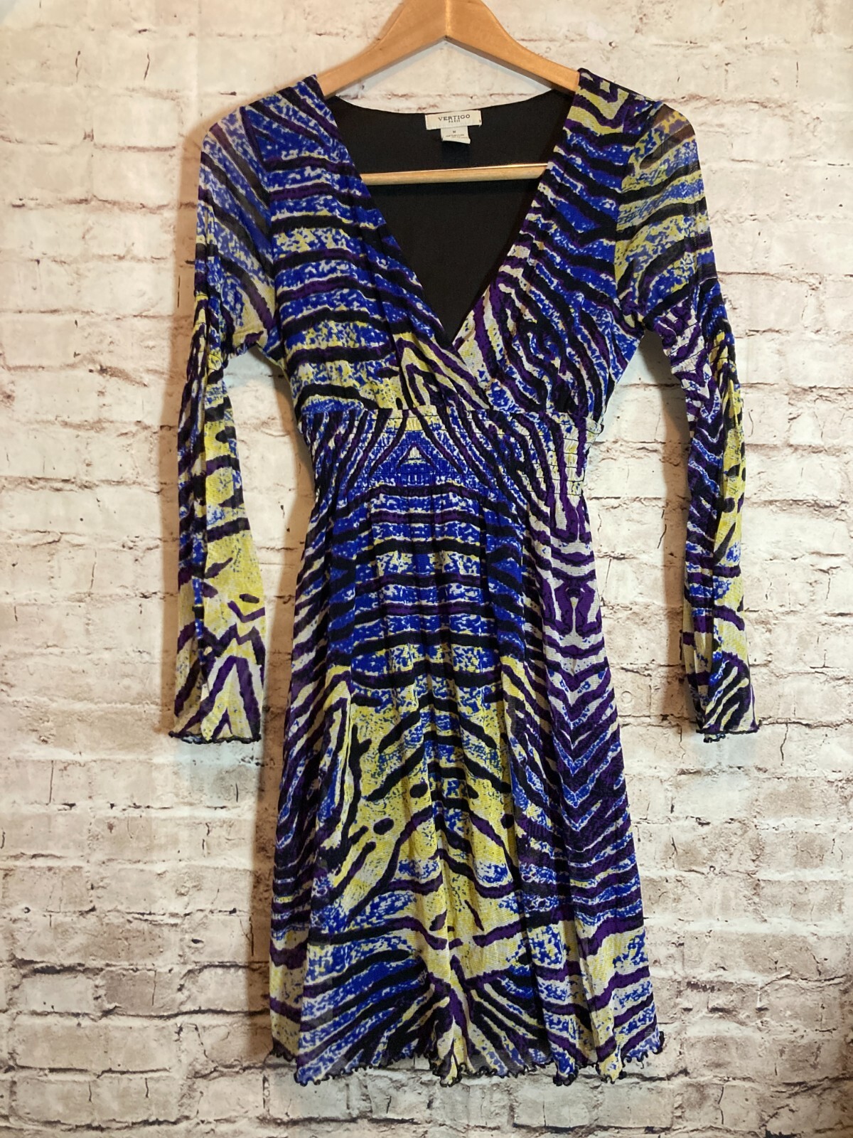 Vertigo Paris Dress Womens Medium Babydoll Mesh Cobalt & Yellow Zebra Print