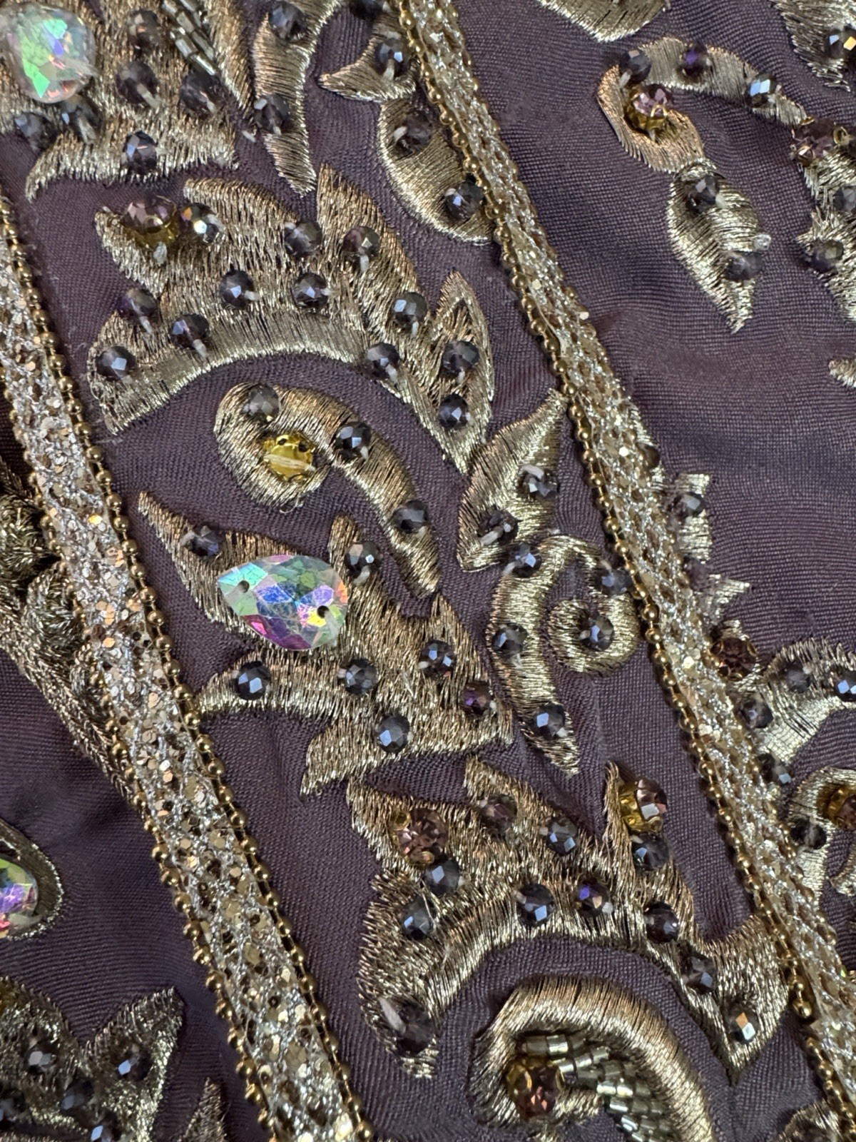 Embroidered Long Caftan Dress in Mauve with Gold Trim