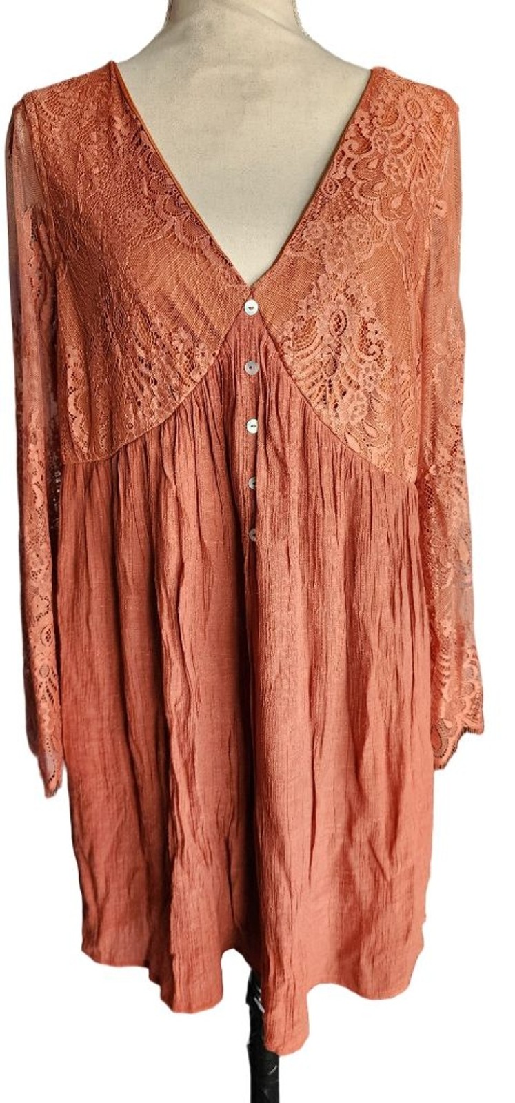 BaeVely Rust Terracotta Lace Bell Sleeve Mini Dress Tunic Boho Peasant Blouse M