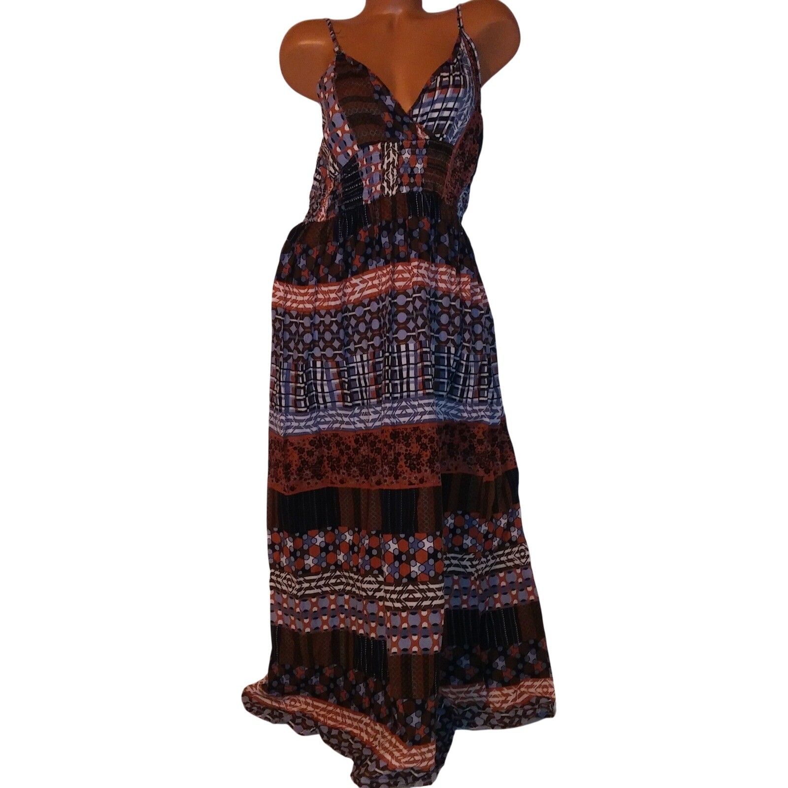 K Trixx Sun Dress Maxi Large Brown Blue White Smocked Sleeveless