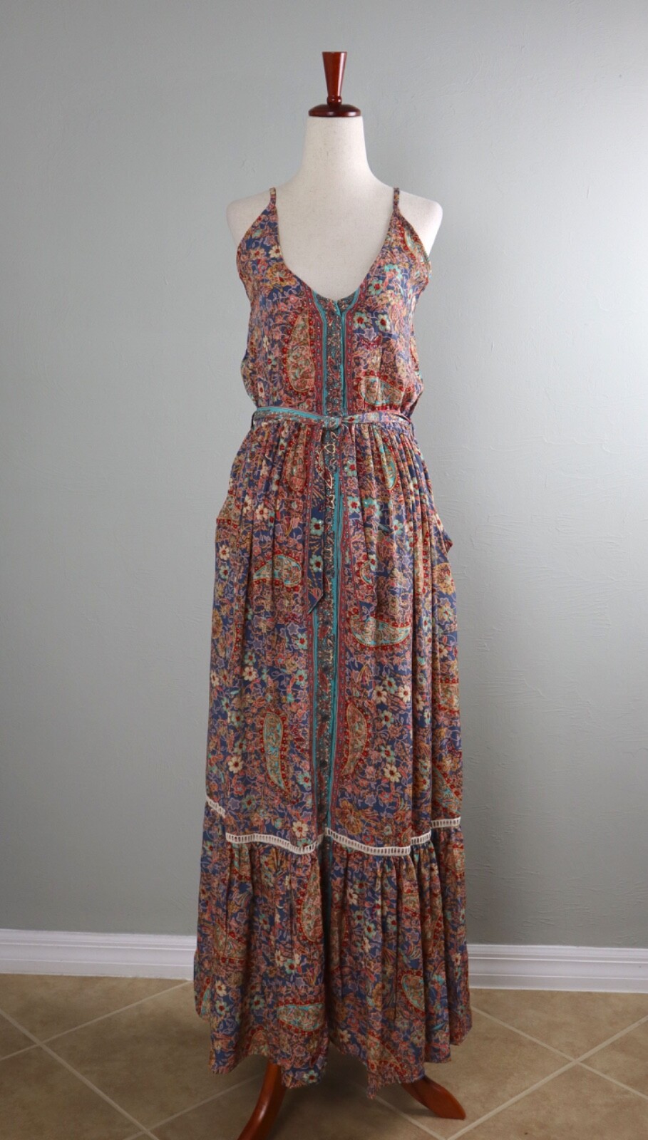 CIENNA $120 Subtle Metallic Bow Belted Paisley Maxi Tank Dress Size Small