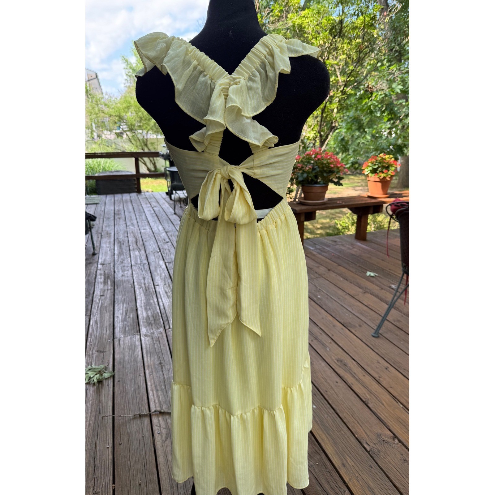 Yellow Pinstripe Ruffle Open Back Tie Midi Dress Cottagecore Sun Dress Medium