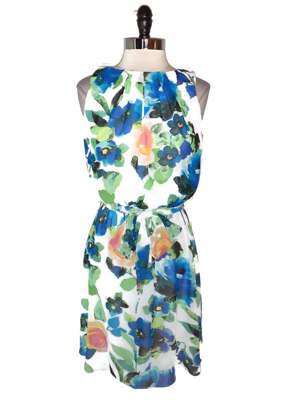 NEW CHAPS Size 8 A-Line Dress White Blue Green Floral Sleeveless Knee Length