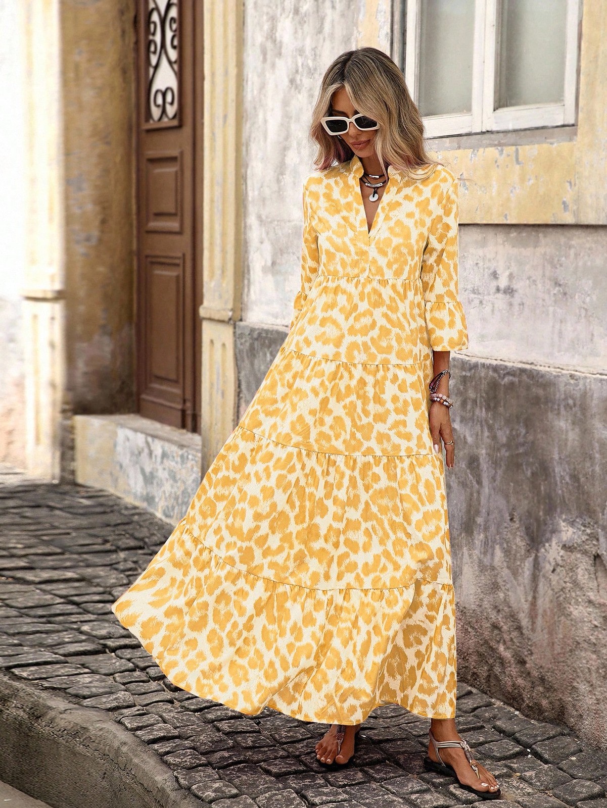 Cute Women’s Yellow Ruffle Hem Long Dress