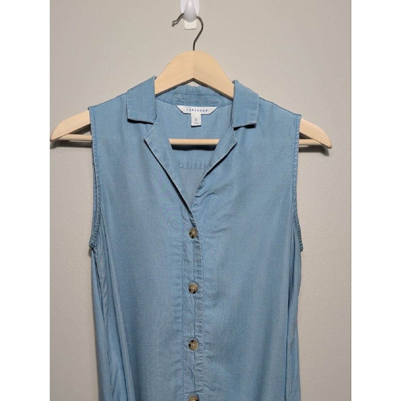 POPSUGAR Chambray Sleeveless Blue Button-Front Mini Shirt Dress Pockets Small