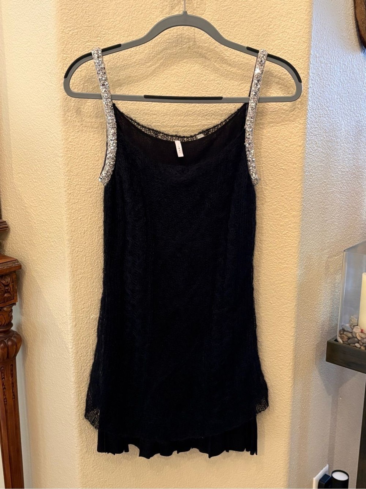 Vintage IISLI Black Mohair Wool Blend Sequin Straps Mini Y2K Dress Size Small