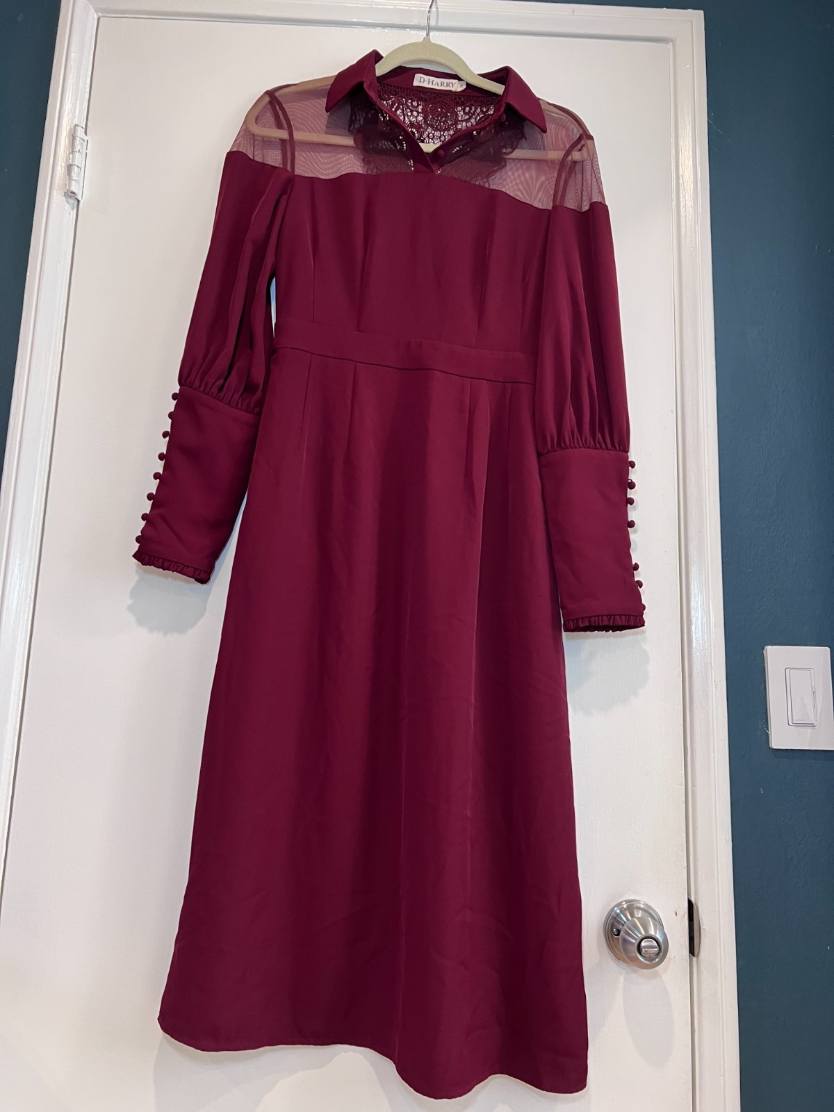 D-Harry Burgundy Lace Mesh Panel Maxi Dress Size Medium Long Sleeve Button Cuff