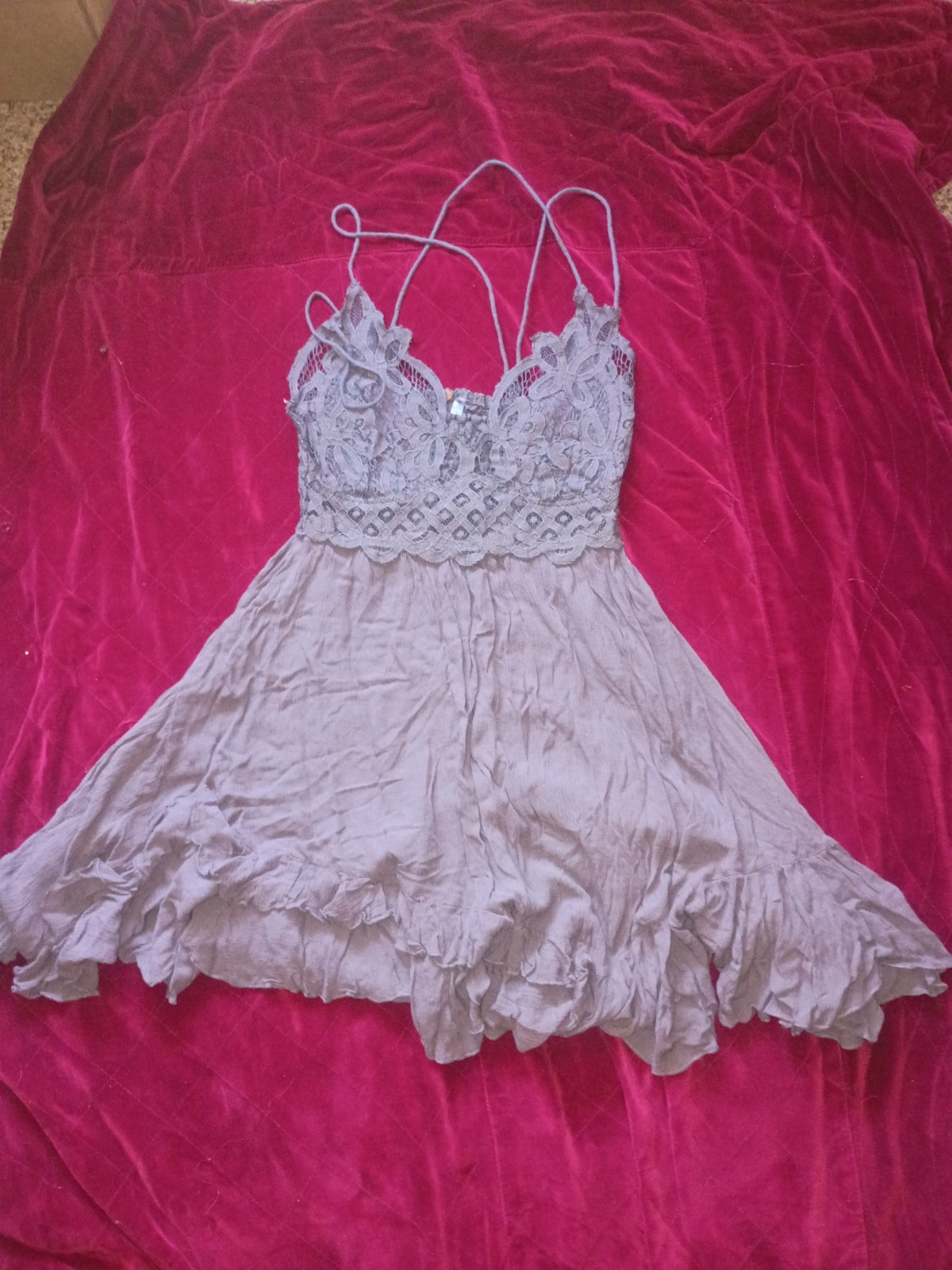Free People Crochet Lace Ruffle Purple Mini Dress Smocked Boho Fairycore Size L