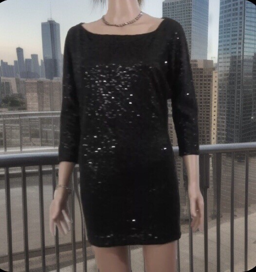 Black Sequin Dress (SIZE TAG MISSING) Bust 32in Length 30in Boat Neck 3/4 Sleeve