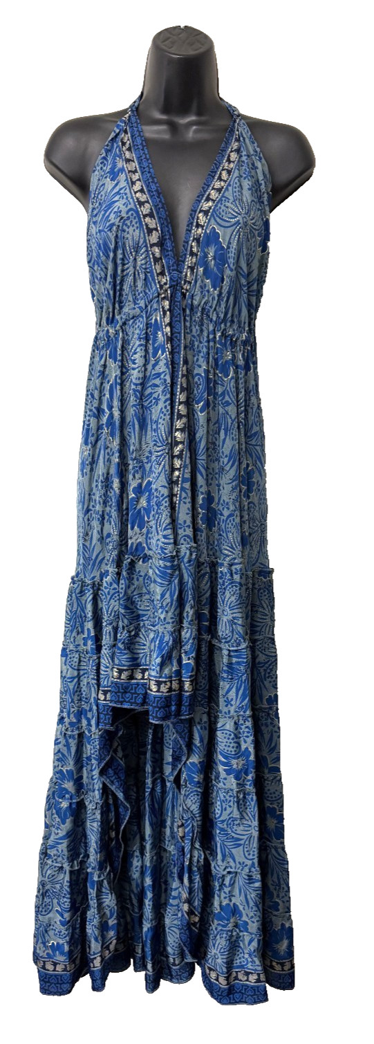 Halter Dress Floral Silk High Low Plunge Back Resort Wear Tropical Blue Small